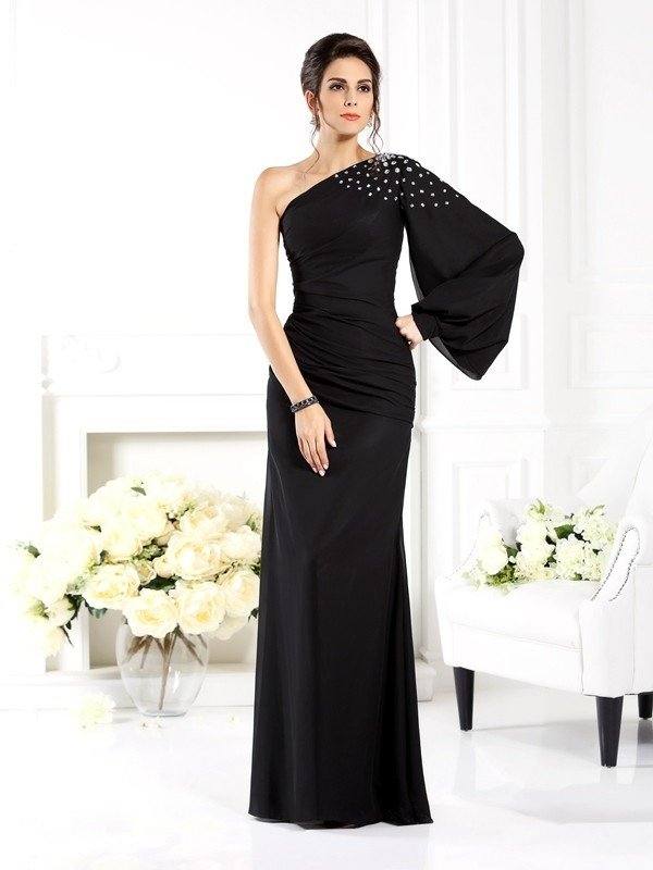 Sheath/Column One-Shoulder Beading Long Sleeves Long Chiffon Mother of the Bride Dresses - RongMoon