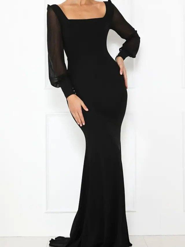 Mermaid / Trumpet Minimalist Elegant Wedding Guest Formal Evening Dress Scoop Neck Long Sleeve Court Train Stretch Satin with Sleek - RongMoon