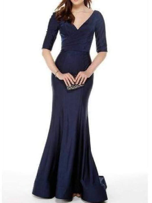 Mermaid / Trumpet Mother of the Bride Dress Elegant V Neck Court Train Satin Half Sleeve with Pleats - RongMoon