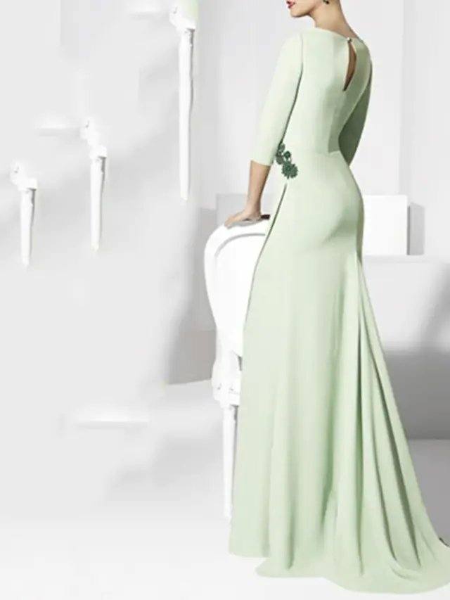 Sheath / Column Mother of the Bride Dress Elegant V Neck Sweep / Brush Train Chiffon 3/4 Length Sleeve with Sash / Ribbon - RongMoon