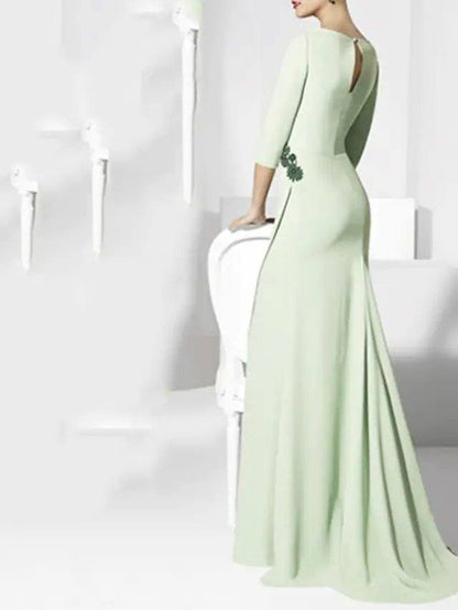 Sheath / Column Mother of the Bride Dress Elegant V Neck Sweep / Brush Train Chiffon 3/4 Length Sleeve with Sash / Ribbon - RongMoon