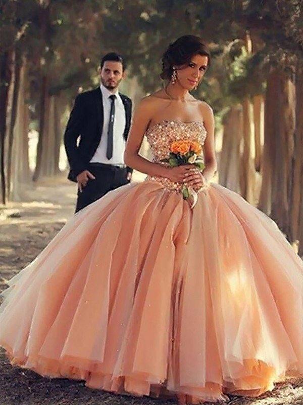 Ball Gown Sleeveless Strapless Beading Floor-Length Tulle Dresse - RongMoon
