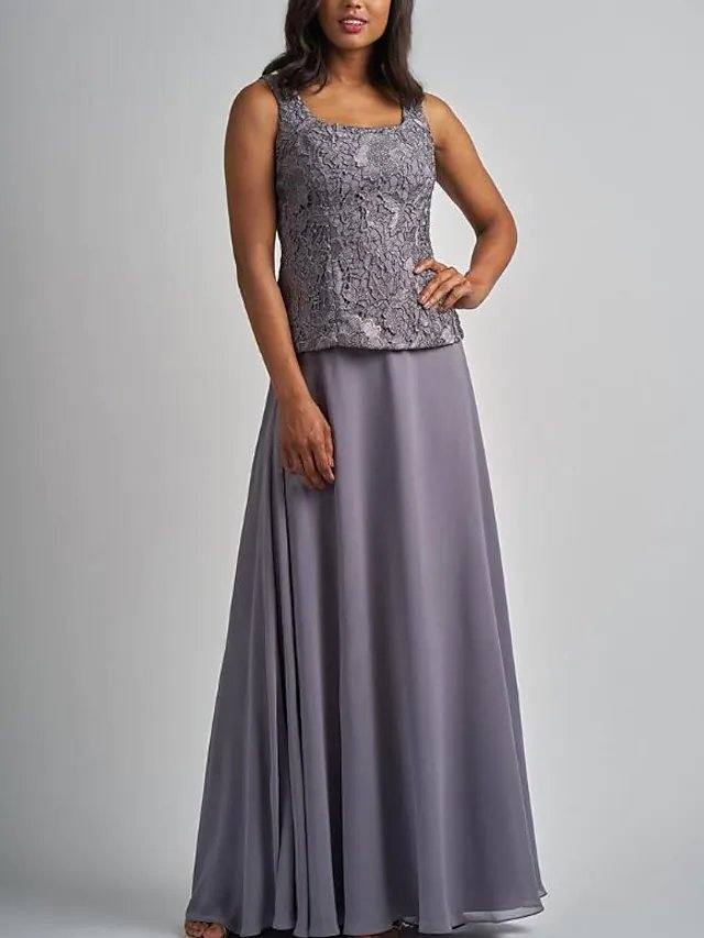 Two Piece A-Line Mother of the Bride Dress Elegant Wrap Included Square Neck Floor Length Chiffon Lace 3/4 Length Sleeve with Appliques - RongMoon
