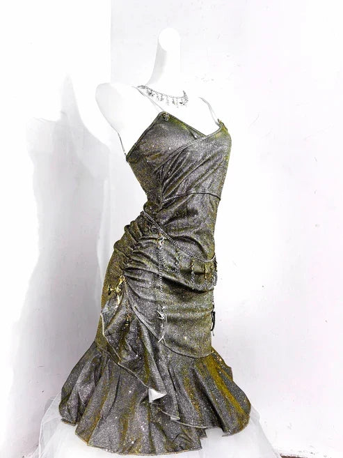 Vintage Green Spaghetti Strap Ruffled Hem Hem Short 16th Birthday Party Dress Homecoming Dress HZ1024