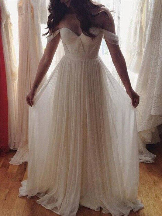A-Line/Princess Sleeveless Off-the-Shoulder Beading Floor-Length Chiffon Dresses - RongMoon