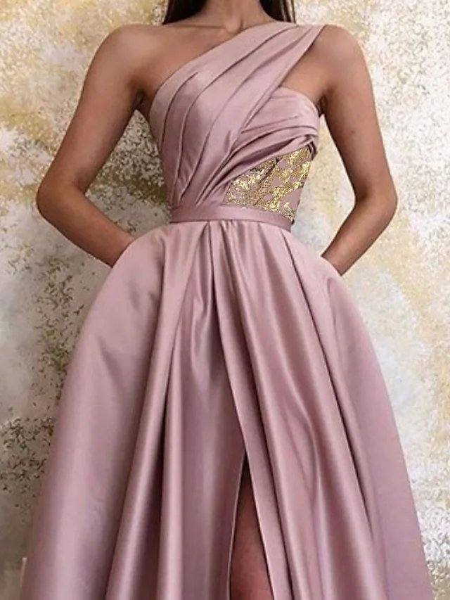 A-Line Minimalist Sexy Wedding Guest Formal Evening Valentine's Day Dress One Shoulder Sleeveless Sweep / Brush Train Satin with Pleats Split - RongMoon