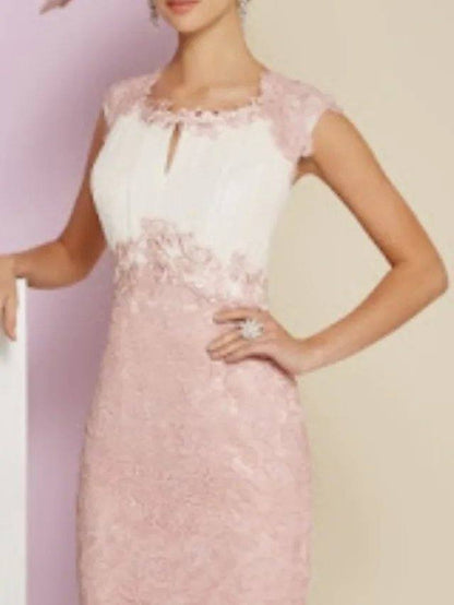 Sheath / Column Mother of the Bride Dress Elegant Vintage Jewel Neck Knee Length Lace Satin Short Sleeve with Embroidery - RongMoon