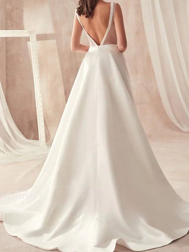 A-Line Wedding Dresses V Neck Floor Length Satin Sleeveless Simple - RongMoon