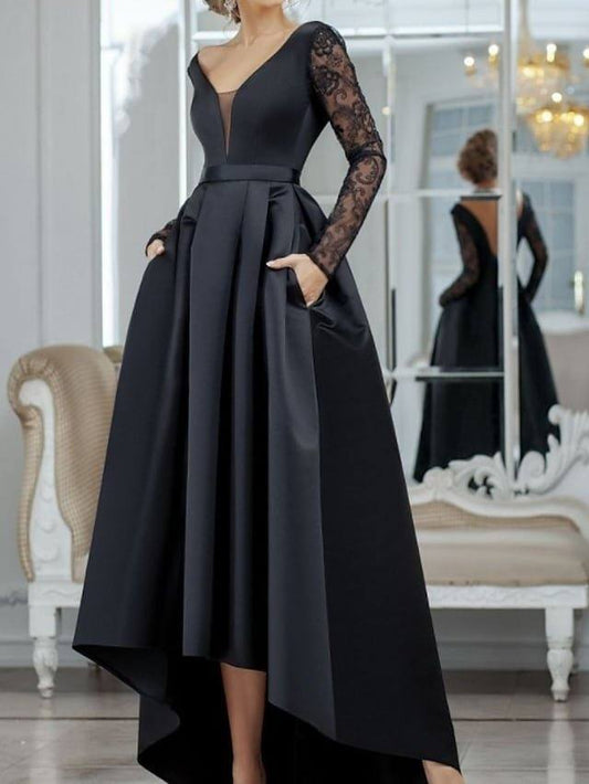 A-Line Minimalist Sexy Wedding Guest Formal Evening Dress V Neck Long Sleeve Asymmetrical Lace Satin with Pleats Lace Insert - RongMoon