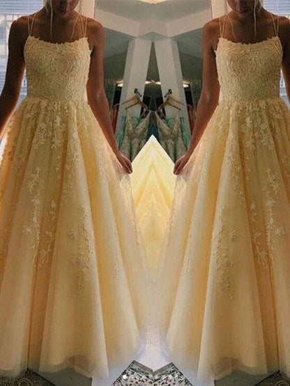 A-Line/Princess Tulle Applique Spaghetti Straps Sleeveless Sweep/Brush Train Dresses - RongMoon