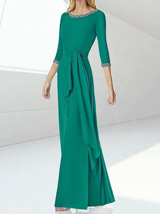 Sheath / Column Mother of the Bride Dress Elegant Jewel Neck Floor Length Chiffon 3/4 Length Sleeve with Sash / Ribbon - RongMoon