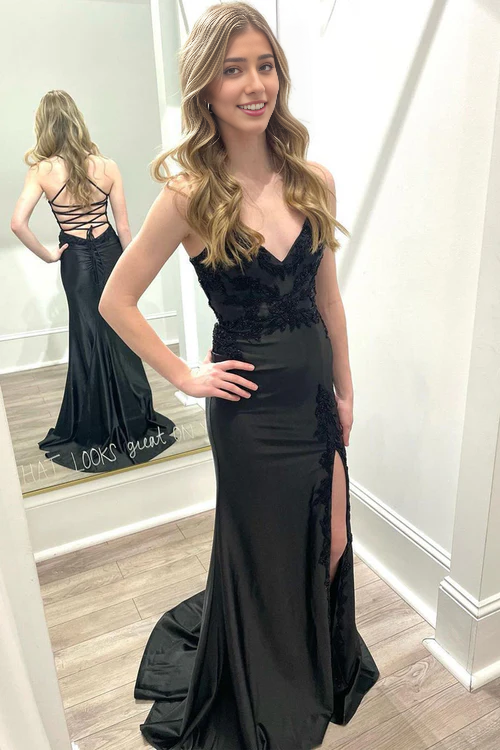 Aimishang Black V Neck Evening Dress Satin Mermaid Long Prom Dresses with Slit
