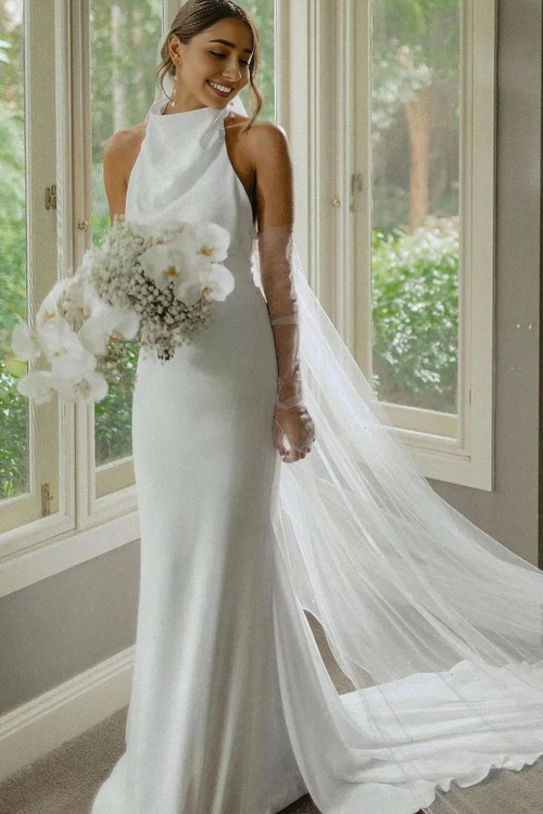 Aimishang Elegant Mermaid White Halter Satin Wedding Dresses