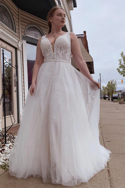Aimishang Elegant A-Line Tulle White Long Wedding Dress with Beading