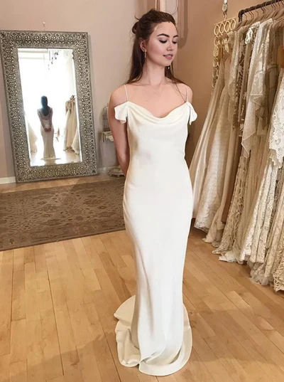 Aimishang Elegant White Spaghetti Straps Long Sheath Satin Wedding Dresses