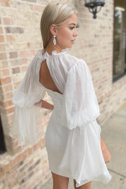 Aimishang Elegant Sheath White Illusion Neck Long Sleeve Short Wedding Dress