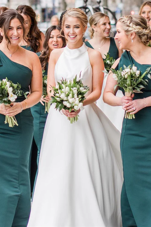 Aimishang Elegant White Halter A-line Satin Wedding Dress with Buttons