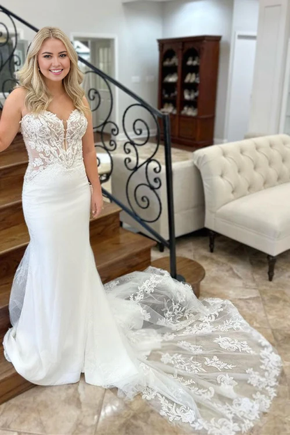 Aimishang Elegant Lace White Strapless Appliques Mermaid Long Wedding Dress