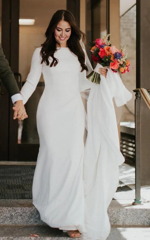 Aimishang Elegant Satin Chapel Train Mermaid Long Sleeve Wedding Dress