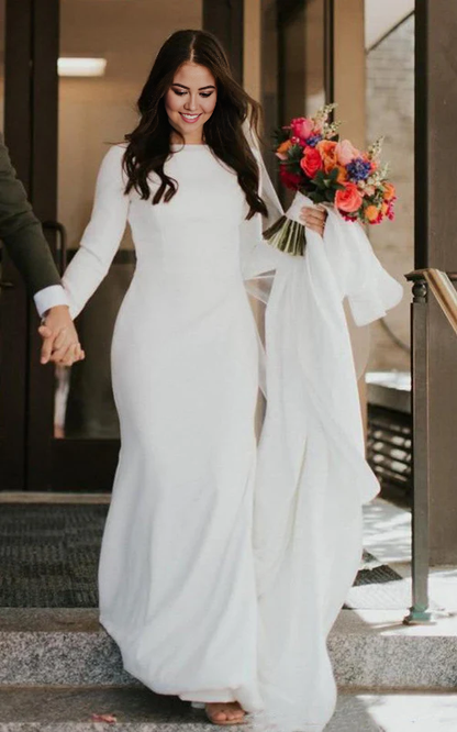 Aimishang Elegant Satin Chapel Train Mermaid Long Sleeve Wedding Dress