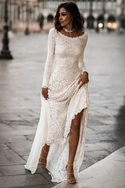 Aimishang Elegant Long Sleeves Ivory Wedding Dresses with Sweep Train