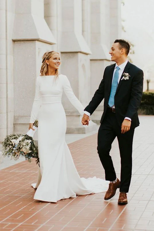 Aimishang Elegant Modest Long Sleeve Satin Wedding Dress With Sweep Train