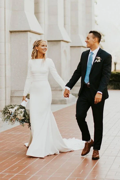 Aimishang Elegant Modest Long Sleeve Satin Wedding Dress With Sweep Train