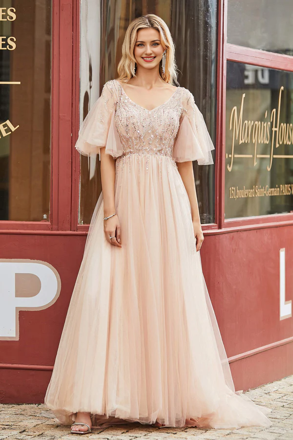 Aimishang Fashion Prom Dresses Flutter Sleeves Beaded A-Line Tulle Long Evening Dress