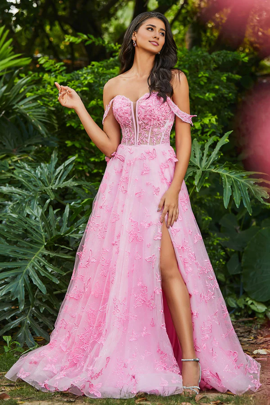 Aimishang Elegant Prom Dresses Strapless Butterfly Applique Sweep Train Gown With Slit