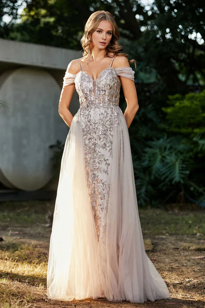 Aimishang Elegant Beaded A-Line Prom Dresses Off the Shoulder Tulle Dress Evening Dress