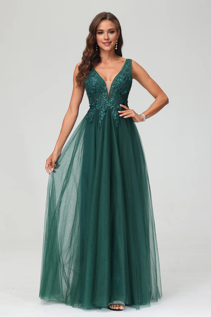 Aimishang A Line Prom Dresses Applique V Neck Evening Dress Beaded Tulle Floor Length Dress