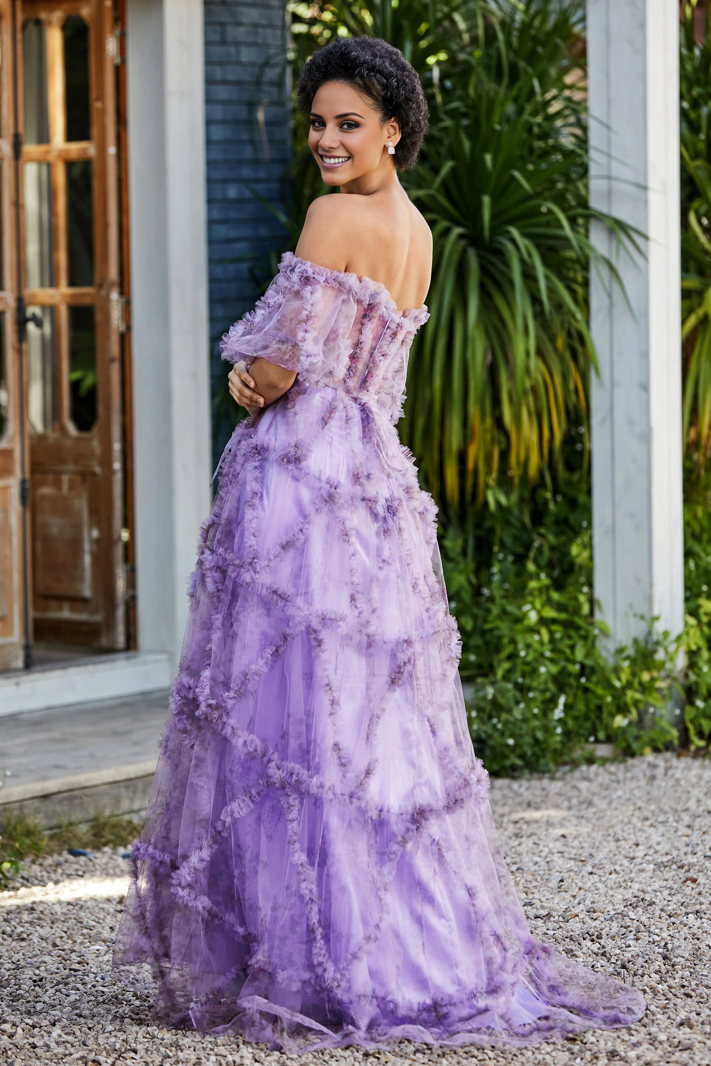 Aimishang Elegant Prom Dresses Open Back Ruffle Ruched Tulle Gown Evening Dress