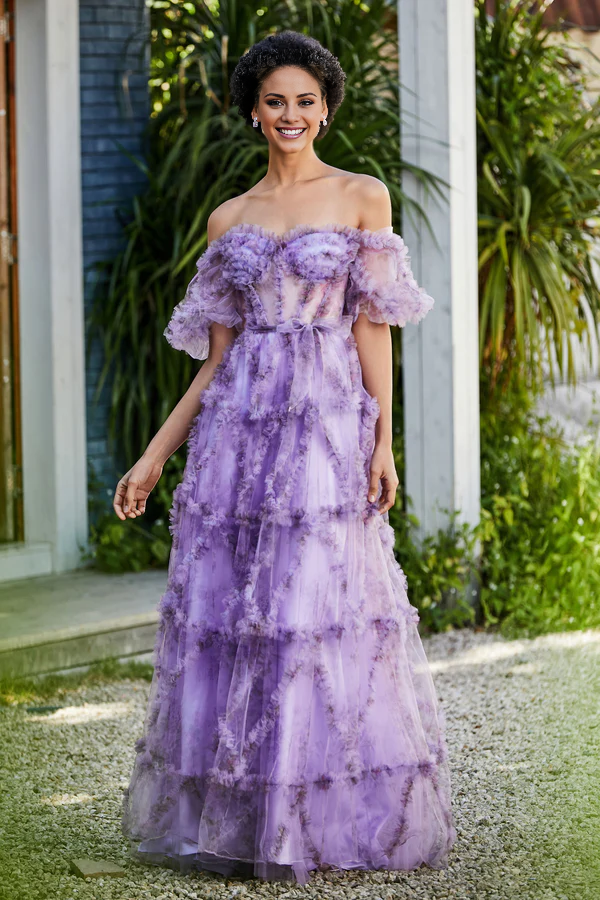 Aimishang Elegant Prom Dresses Open Back Ruffle Ruched Tulle Gown Evening Dress