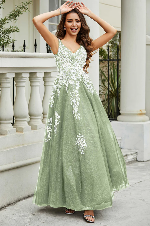 Aimishang Elegant Prom Dresses A-Line Plunging V-neck Evening Dress Tulle Gown