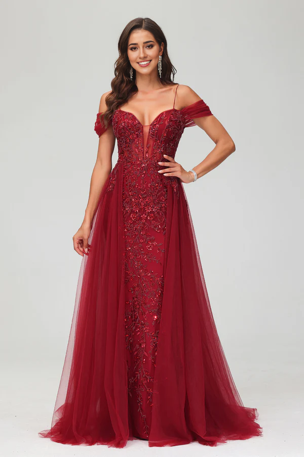 Aimishang A-Line Elegant Prom Dresses Off the Shoulder Beaded Tulle Dress Evening Dress With Train