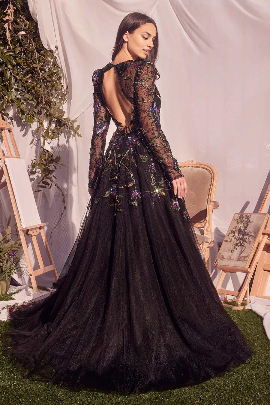 Aimishang Fashionable and Beautiful Black Evening Dress Stickers Long Sleeves Prom Dresses