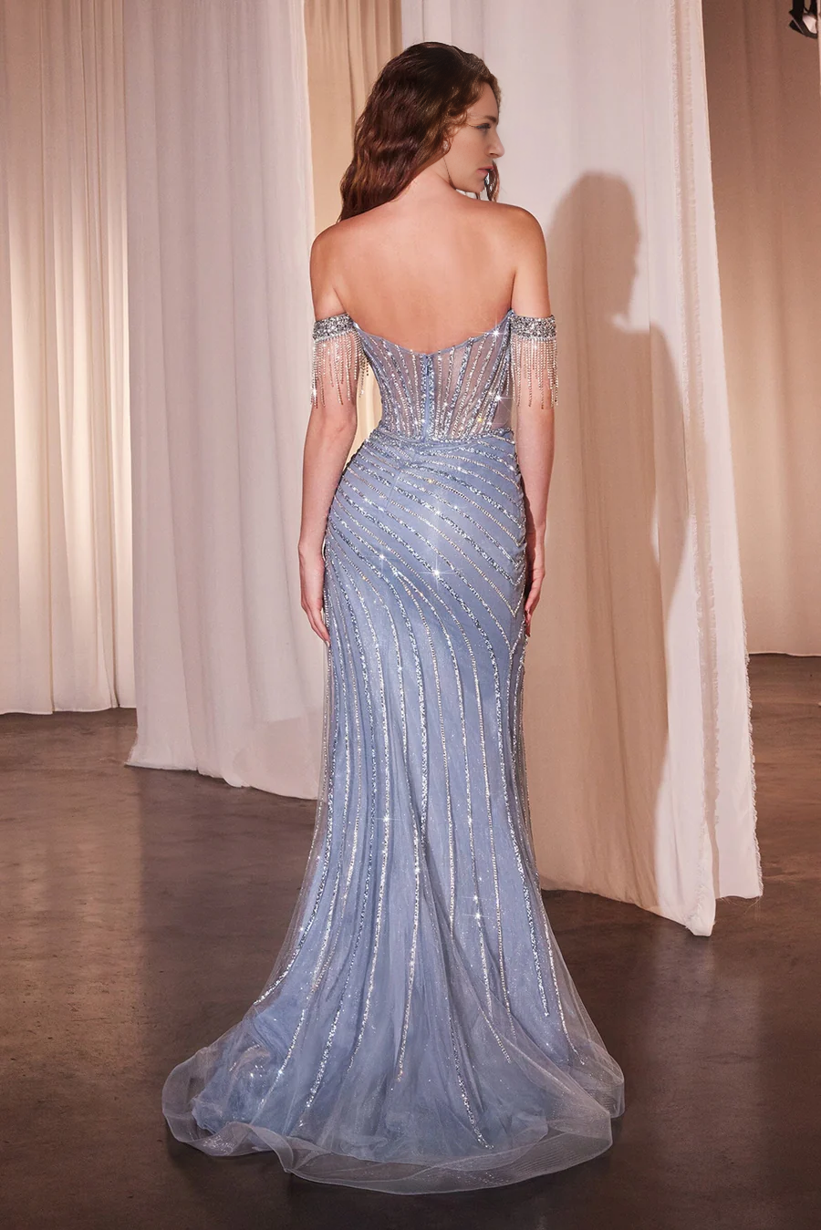 Aimishang Fashion Prom Dresses Beaded Off Shoulder Tulle Slit Gown Evening Dress