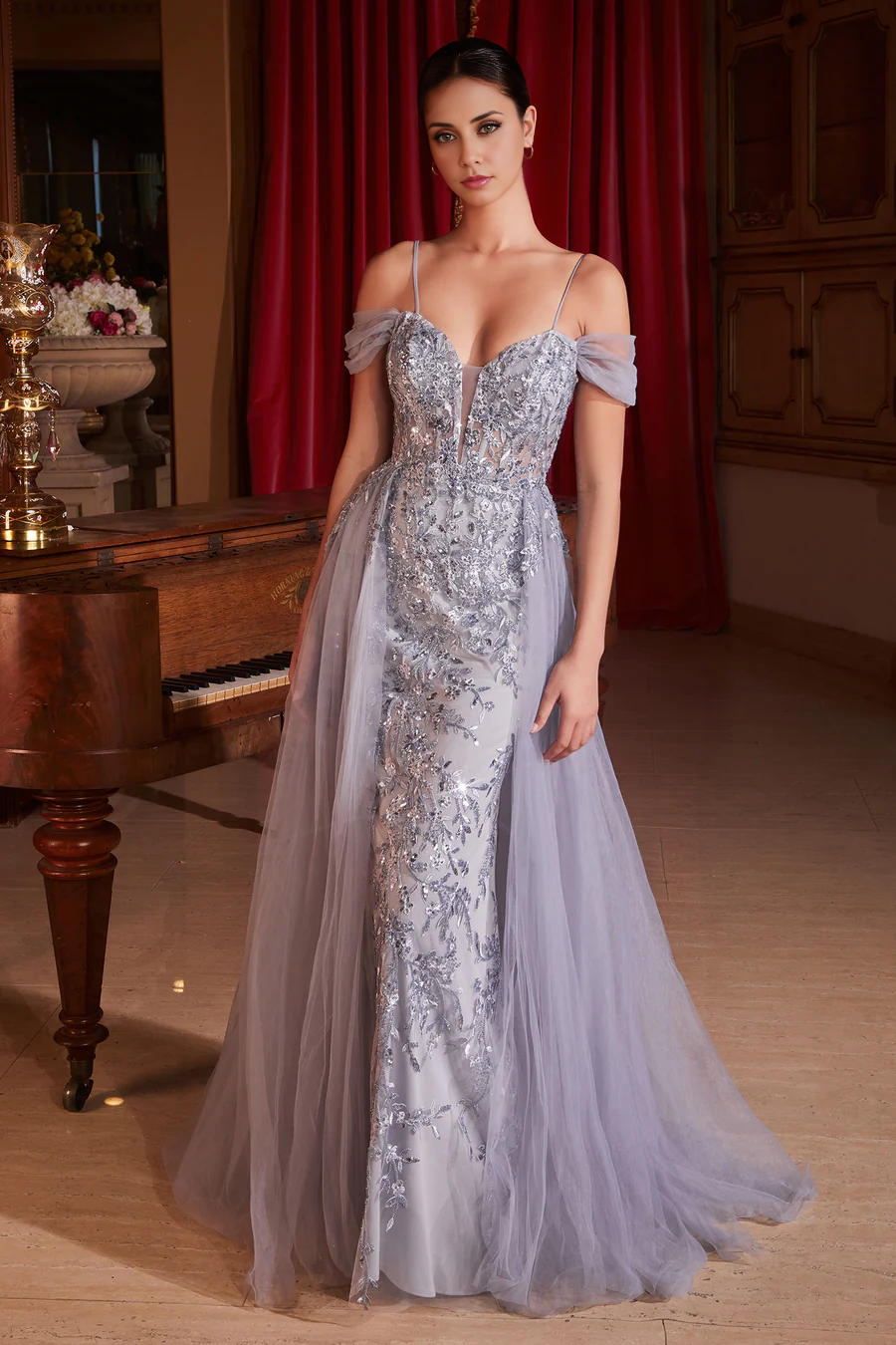 Aimishang Fashion Evening Dress Applique Cold Shoulder Tulle Overskirt Gown Prom Dresses