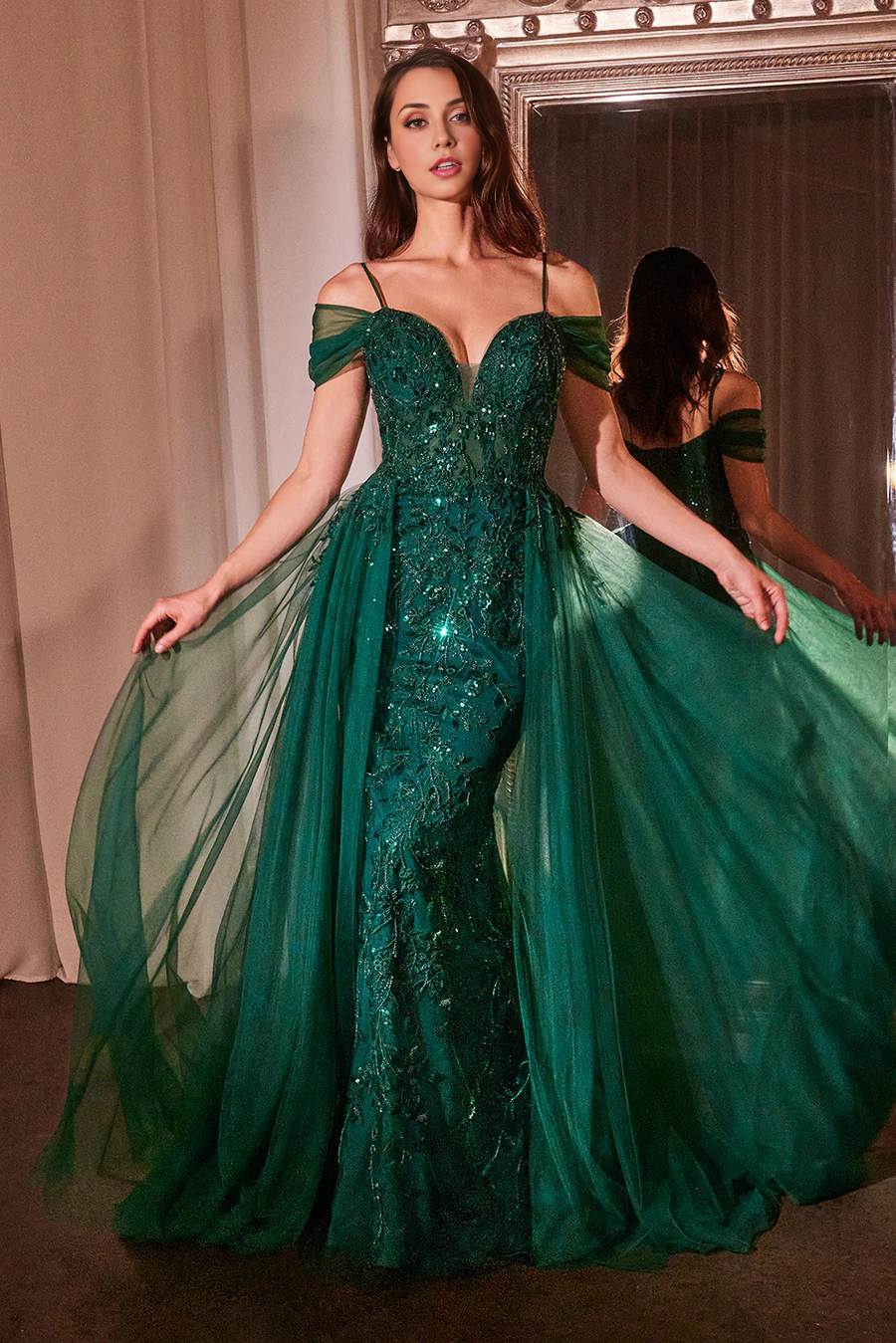 Aimishang Fashion Evening Dress Applique Cold Shoulder Tulle Overskirt Gown Prom Dresses