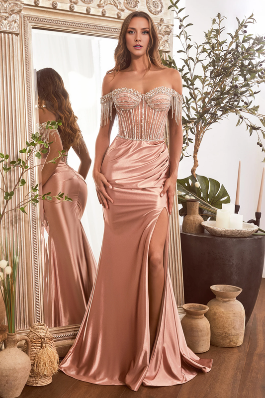 Aimishang Fashion Evening Dress Beaded Off Shoulder Satin Slit Gown Prom Dresses