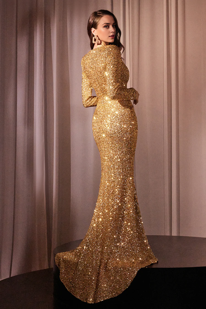 Aimishang Fashion Evening Dress Sequin Fitted Long Sleeve Slit Gown Prom Dresses