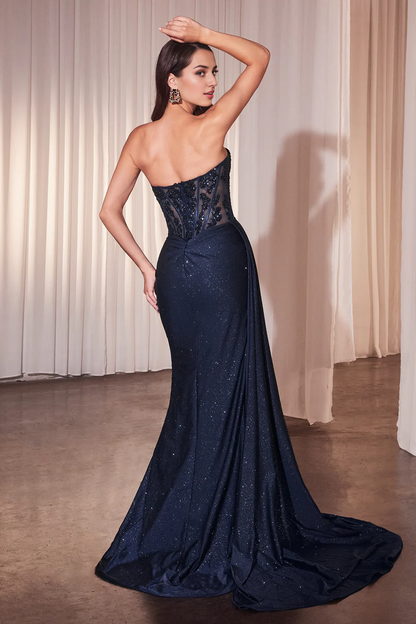 Aimishang Fashion Evening Dress Applique Glitter Strapless Slit Gown Prom Dresses