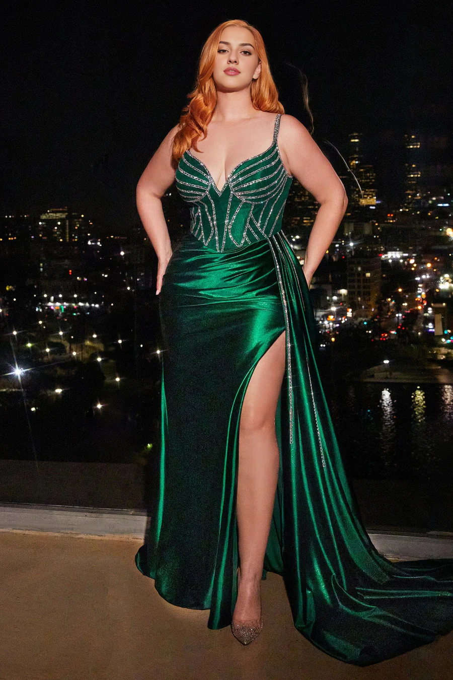 Aimishang Plus Size Formal Dress Curve Beaded Sleeveless Satin Slit Gown Evening Dresses
