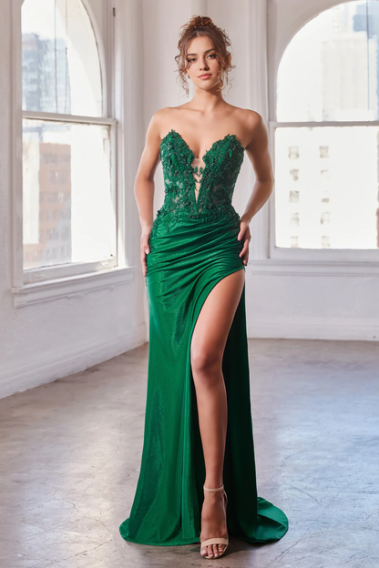 Aimishang Fashion Evening Dress Fitted Applique Satin Strapless Slit Gown Formal dresses