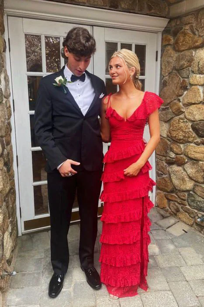 Aimishang Elegant Red Lace Long Prom Dress Tiered Evening Dresses Graduation Gown
