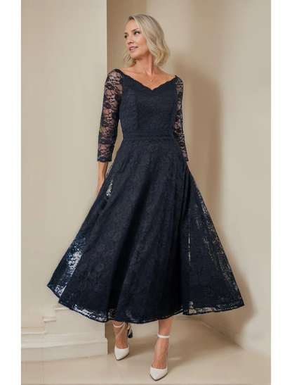 Aimishang A-Line Mother of the Bride Dress Elegant V Neck Tea Length Lace 3/4 Length Sleeve with Lace