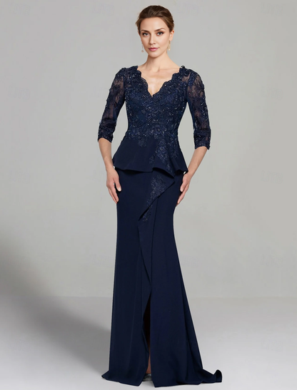 Aimishang Sheath / Column Dress Mother of the Bride Dress Elegant V Neck Floor Length Stretch Chiffon 3/4 Length Sleeve with Lace Pleats