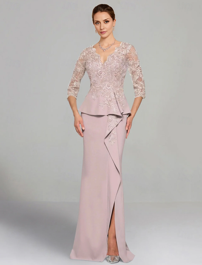 Aimishang Sheath / Column Dress Mother of the Bride Dress Elegant V Neck Floor Length Stretch Chiffon 3/4 Length Sleeve with Lace Pleats