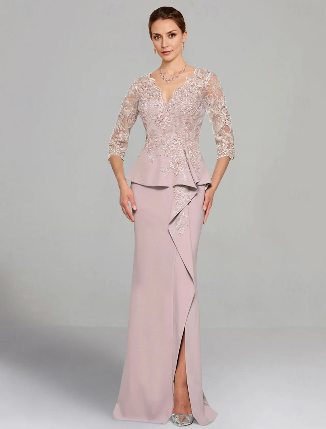Aimishang Sheath / Column Dress Mother of the Bride Dress Elegant V Neck Floor Length Stretch Chiffon 3/4 Length Sleeve with Lace Pleats