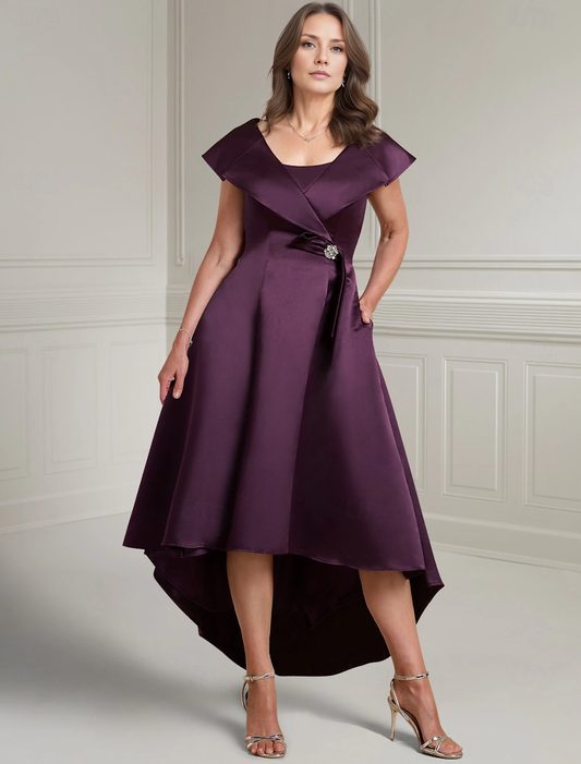 Aimishang Purple A-Line Mother of the Bride Dress Elegant Vintage V Neck Asymmetrical Satin Short Sleeve with Buttons